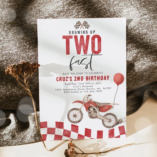 Growing Up Two Fast Red Dirt Bike Boy Birthday Invitation