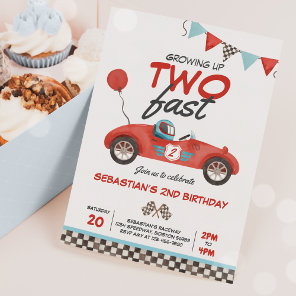 Growing Up Two Fast Red Race Car 2nd Birthday Invitation