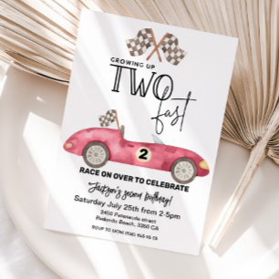 Growing Up TWO fast Red Race car 2nd birthday Invitation