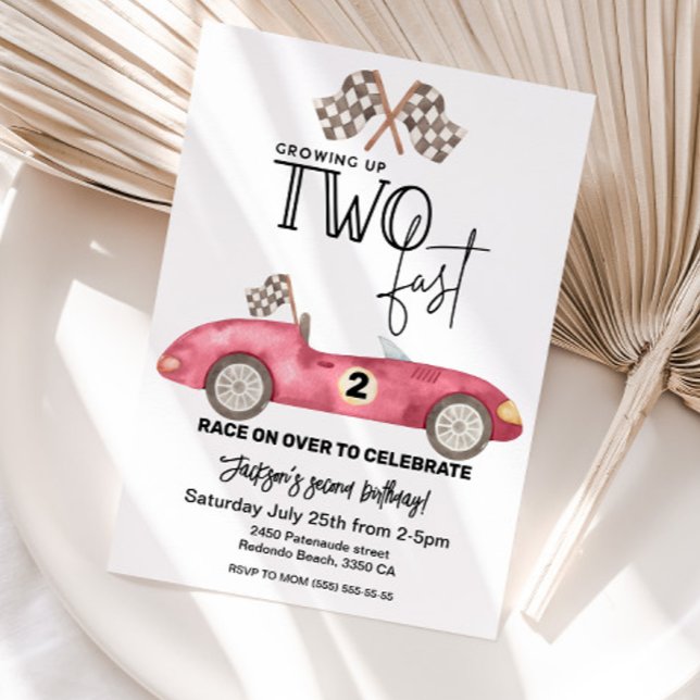 Growing Up TWO fast Red Race car 2nd birthday Invitation (Growing up TWO FAST birthday invitation, Red race car 2nd birthday)