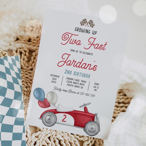 Growing Up Two Fast Red Race Car 2nd Birthday Invitation