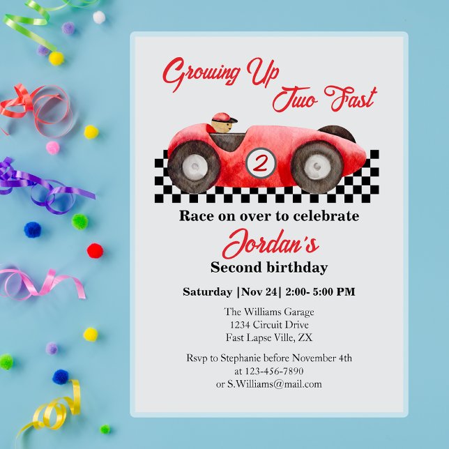 Growing up Two Fast Red Race Car 2nd Birthday Invitation (Creator Uploaded)