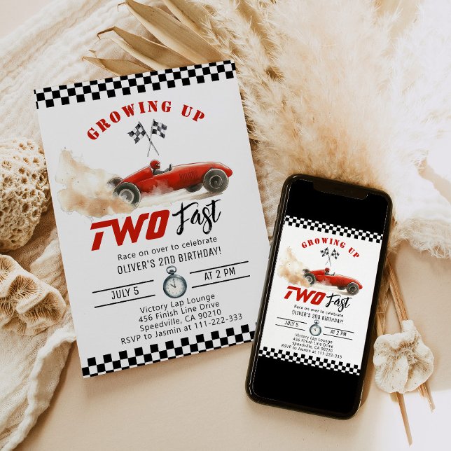 Growing up Two fast Red Race car 2nd Birthday Invitation (Creator Uploaded)