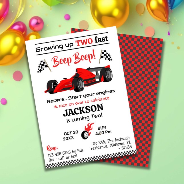 Growing up two fast red race sports car birthday invitation (Creator Uploaded)