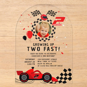 Growing Up Two Fast Red Racing Car Photo Acrylic Invitations