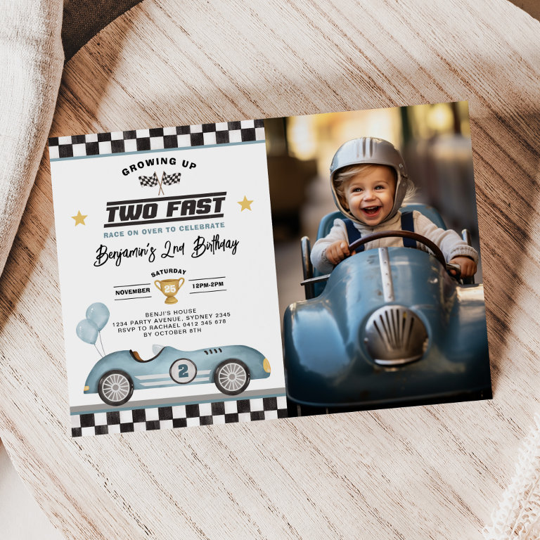 Growing Up Two Fast Retro Race Car Birthday Photo Invitation