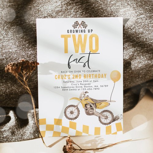 Growing Up Two Fast Yellow Dirt Bike Boy Birthday Invitation
