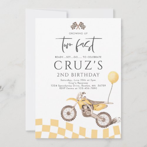 Growing Up Two Fast Yellow Dirt Bike Boy Birthday  Invitation