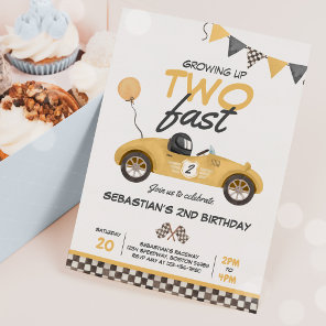 Growing Up Two Fast Yellow Race Car 2nd Birthday Invitation