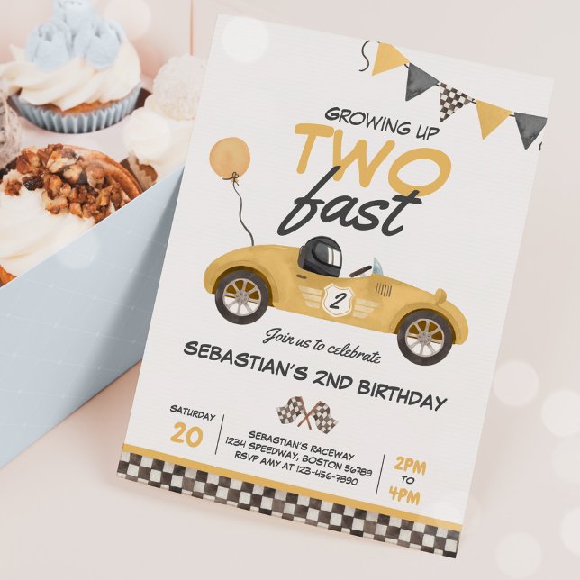 Growing Up Two Fast Yellow Race Car 2nd Birthday Invitation (Creator Uploaded)
