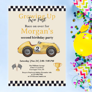 Growing Up Two Fast Yellow Race Car Kids 2nd  Invitation