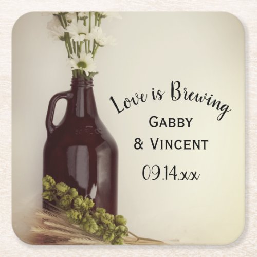 Growler Hops and Daisies Brewery Wedding Square Paper Coaster