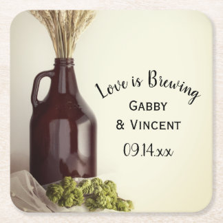 Growler, Hops and Wheat Brewery Wedding Square Paper Coaster