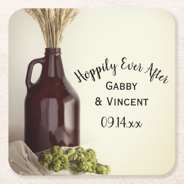 Growler, Hops and Wheat Brewery Wedding Square Paper Coaster (Front)