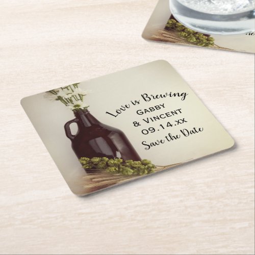 Growler Hops Daisies Brewery Wedding Save the Date Square Paper Coaster