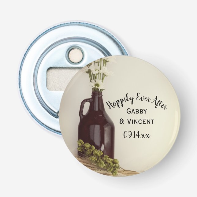 Growler Hops Daisies Hoppily Ever After Wedding Bottle Opener (Front)