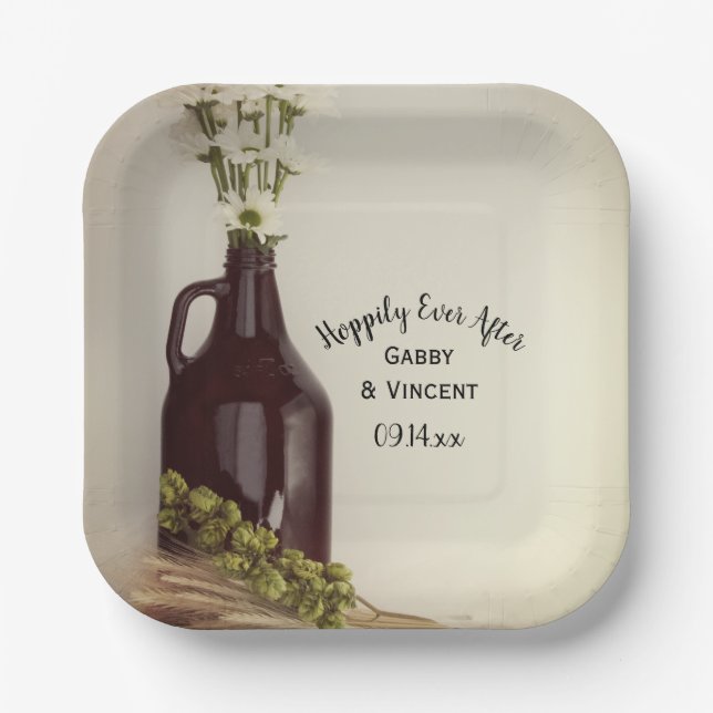 Growler Hops Daisies Hoppily Ever After Wedding Paper Plates (Front)