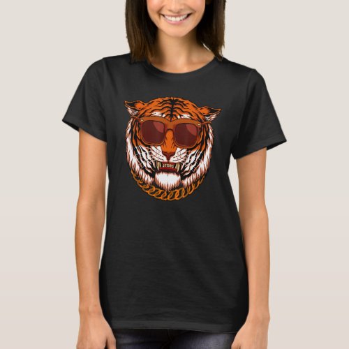Growling Sunglasses Mouth Open Bengal Tiger Cat T_Shirt