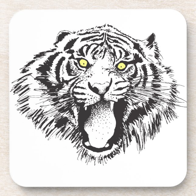 Growling Tiger in Black with Yellow Eyes Drink Coaster (Front)