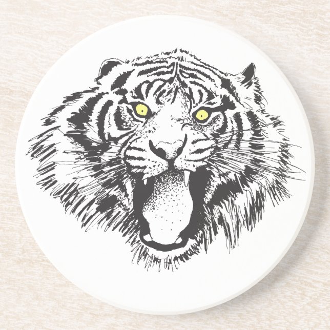 Growling Tiger in Black with Yellow Eyes Sandstone Coaster (Front)