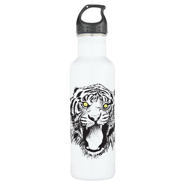 Growling Tiger in Black with Yellow Eyes Water Bottle (Front)