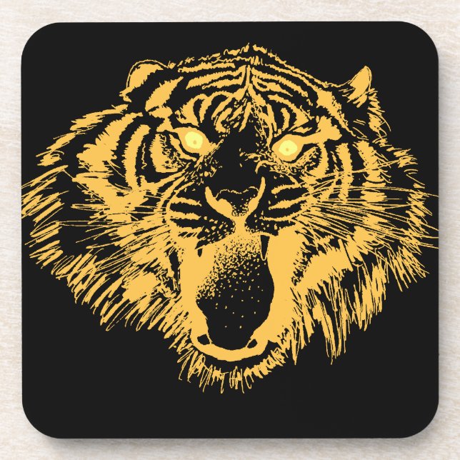 Growling Tiger in Orange With Yellow Eyes Drink Coaster (Front)