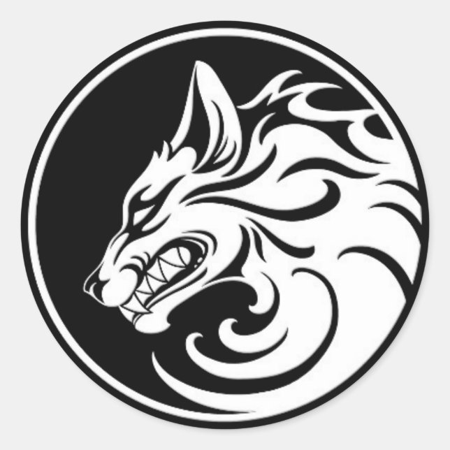 Growling White and Black Wolf Circle Classic Round Sticker (Front)