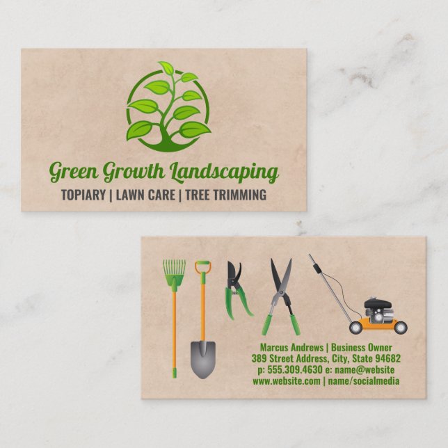 Grown Green Plant | Landscaping Tools Equipment Business Card (Front/Back)