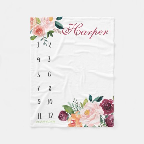 Growth tracker _ Boho watercolor with roses Fleece Blanket