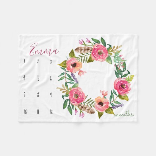 Growth tracker _ Milestone _ watercolor flowers Fleece Blanket