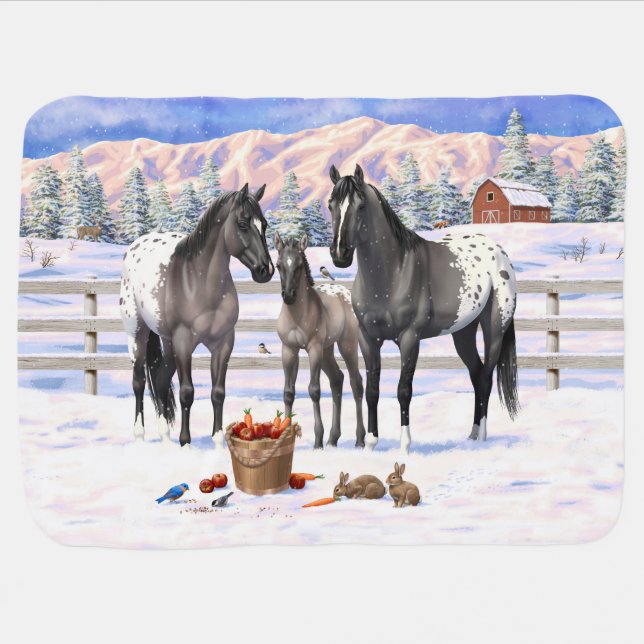 Grulla Gray Appaloosa Horses On A Farm In Snow Baby Blanket (Horizontal)