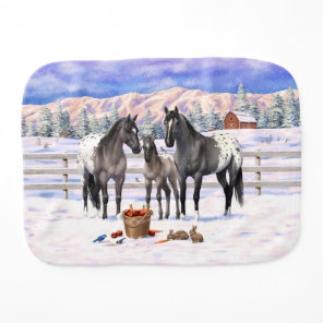Grulla Gray Appaloosa Horses On A Farm In Snow Baby Burp Cloth