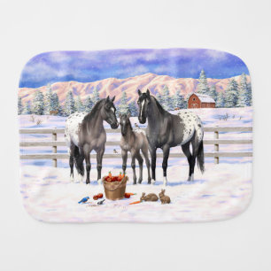 Grulla Gray Appaloosa Horses On A Farm In Snow Baby Burp Cloth
