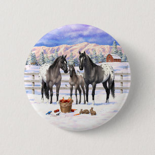 Grulla Gray Appaloosa Horses On A Farm In Snow Button