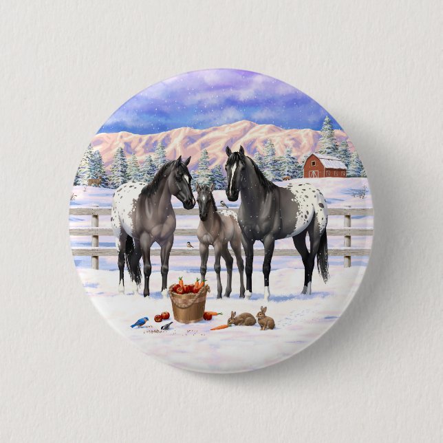 Grulla Gray Appaloosa Horses On A Farm In Snow Button (Front)