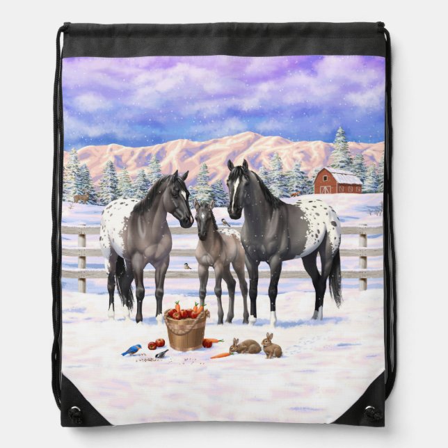 Grulla Gray Appaloosa Horses On A Farm In Snow Drawstring Bag (Front)