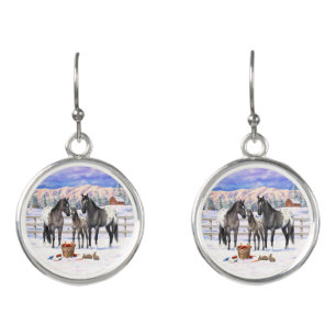Grulla Gray Appaloosa Horses On A Farm In Snow Earrings