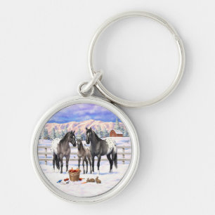 Grulla Gray Appaloosa Horses On A Farm In Snow Keychain