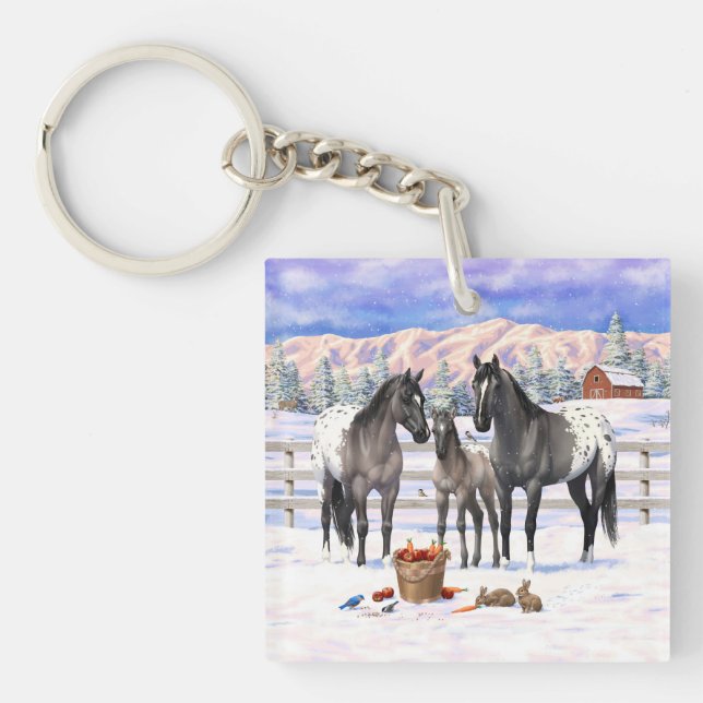 Grulla Gray Appaloosa Horses On A Farm In Snow Keychain (Front)