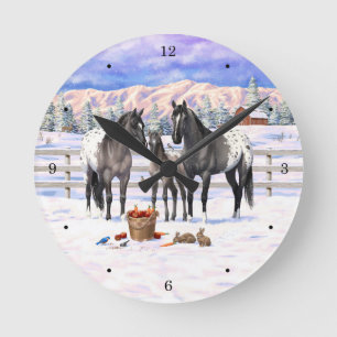 Grulla Gray Appaloosa Horses On A Farm In Snow Round Clock
