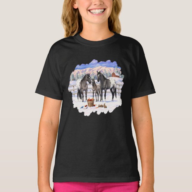 Grulla Gray Appaloosa Horses On A Farm In Snow T-Shirt (Front)