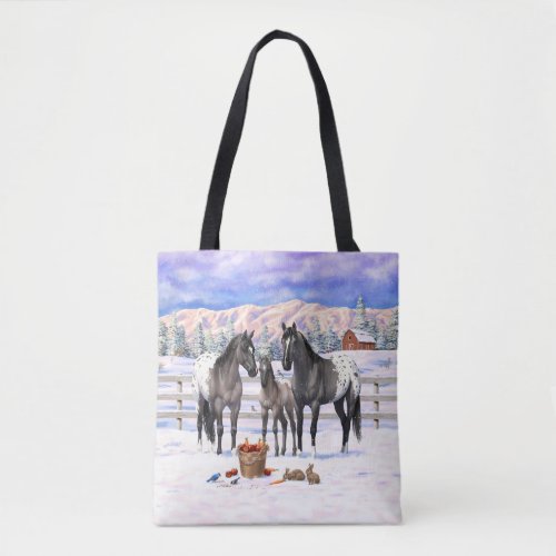 Grulla Gray Appaloosa Horses On A Farm In Snow Tote Bag