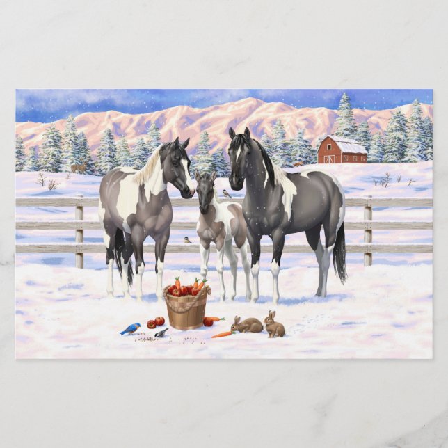 Grulla Pinto Gray Paint Horses on a Winter Farm (Front)