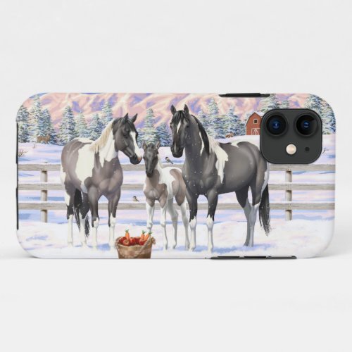 Grulla Pinto Gray Paint Horses on a Winter Farm iPhone 11 Case