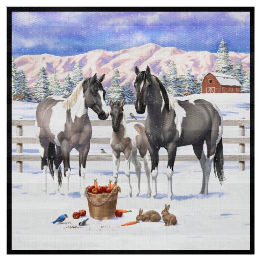 Grulla Pinto Gray Paint Horses on a Winter Farm Fabric