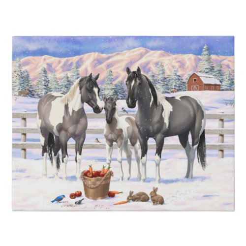 Grulla Pinto Gray Paint Horses on a Winter Farm Faux Canvas Print