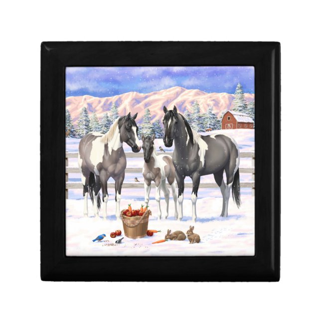 Grulla Pinto Gray Paint Horses on a Winter Farm Gift Box (Front)