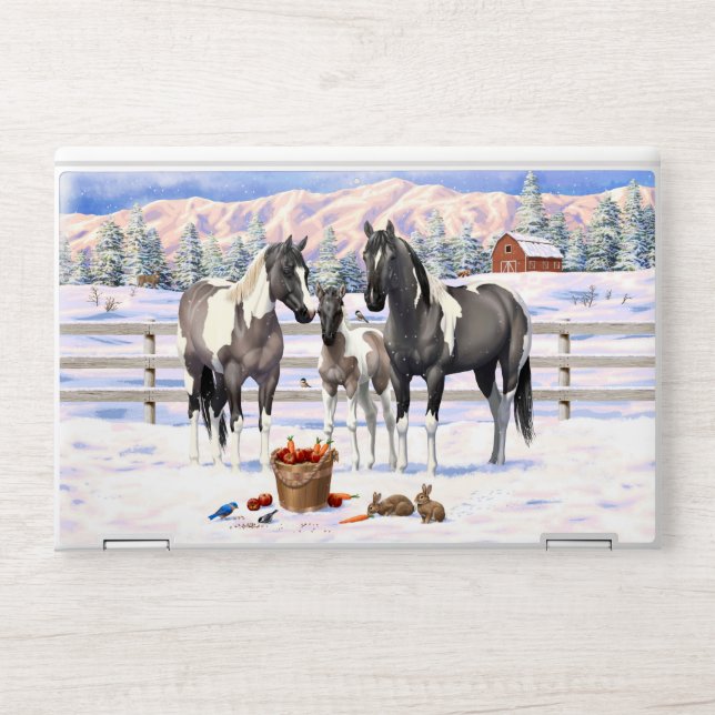 Grulla Pinto Gray Paint Horses on a Winter Farm HP Laptop Skin (Front)