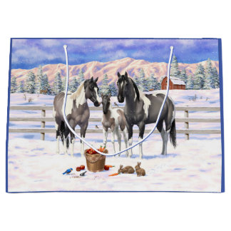 Grulla Pinto Gray Paint Horses on a Winter Farm Large Gift Bag