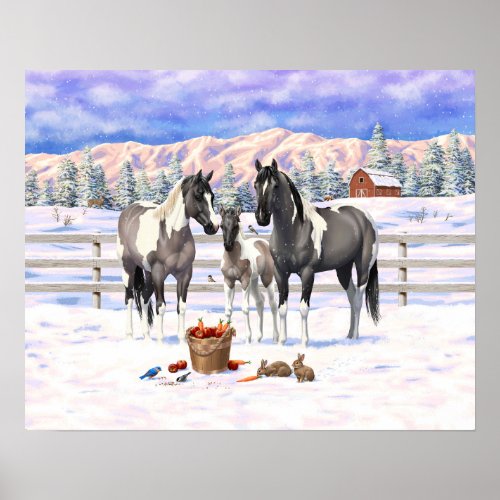 Grulla Pinto Gray Paint Horses on a Winter Farm Poster